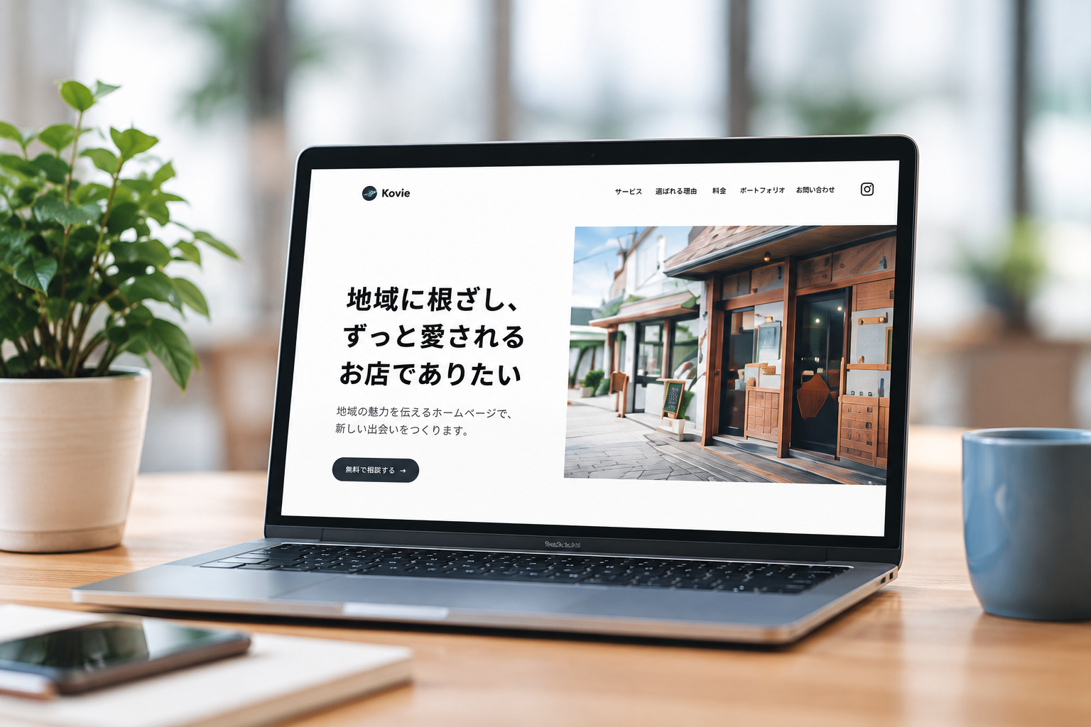 デスク上のノートパソコンに地域事業者向けのホームページが表示されている様子