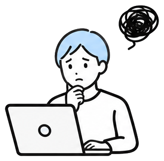 パソコンを前に更新について悩む人物のイラスト